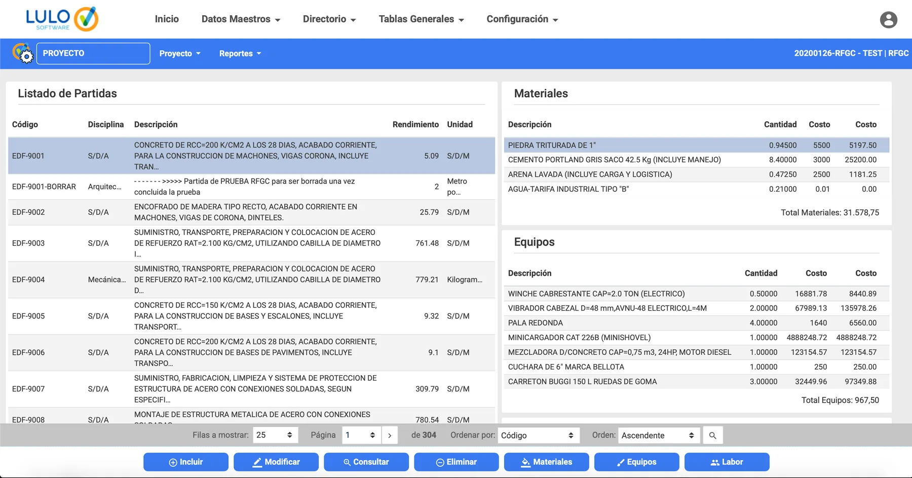 Listado de partidas con sus materiales y equipos